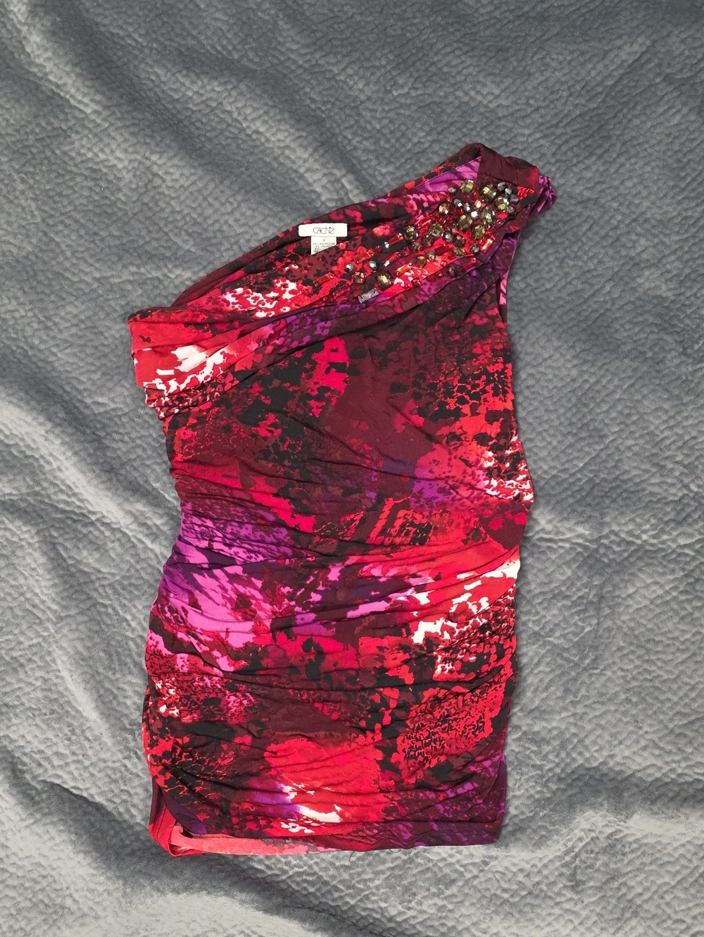 Cache One-Shoulder Beaded Tunic in Red and Purple